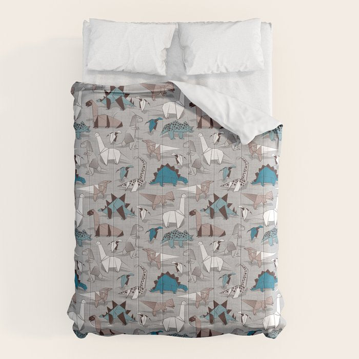 Origami dino friends // grey linen texture blue dinosaurs Comforter Gallery Image 1