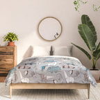 Origami dino friends // grey linen texture blue dinosaurs Comforter Gallery Image 3