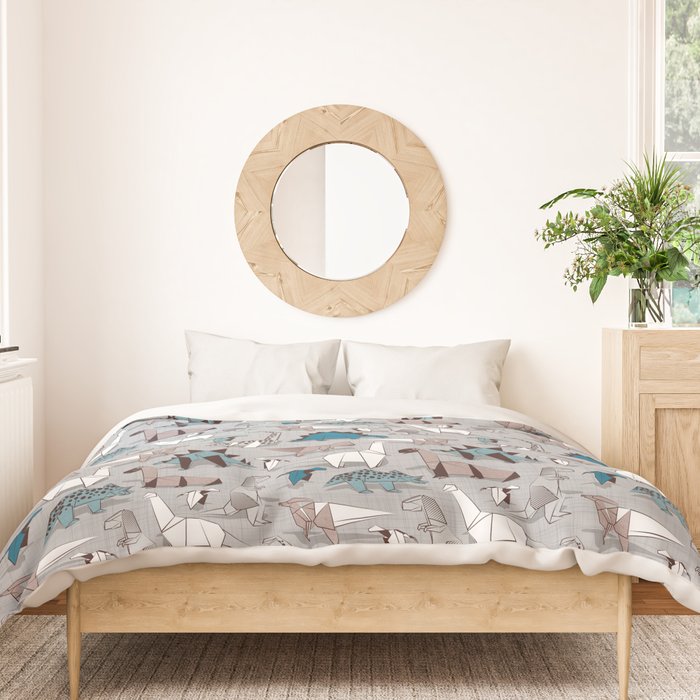 Origami dino friends // grey linen texture blue dinosaurs Duvet Cover Gallery Image 3