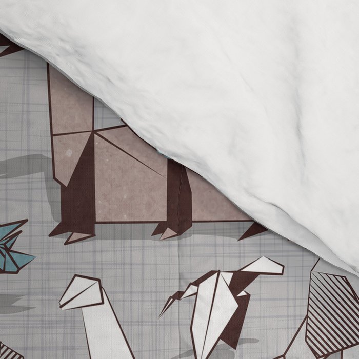Origami dino friends // grey linen texture blue dinosaurs Comforter Gallery Image 4