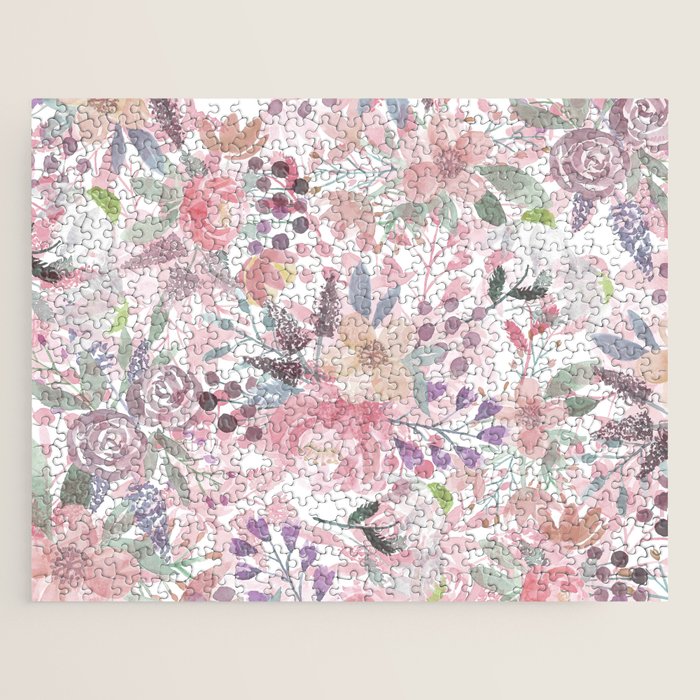 Pastel pink coral green watercolor flowers Jigsaw Puzzle Gallery Image 1