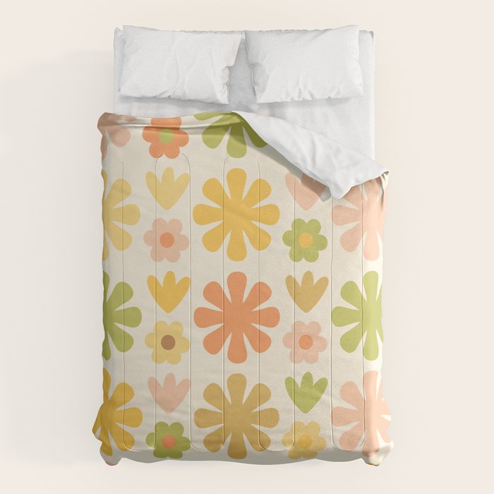 Scandi Floral Grid Retro Flower Pattern in Green Blush Yellow Cream Comforter Gallery Image 1