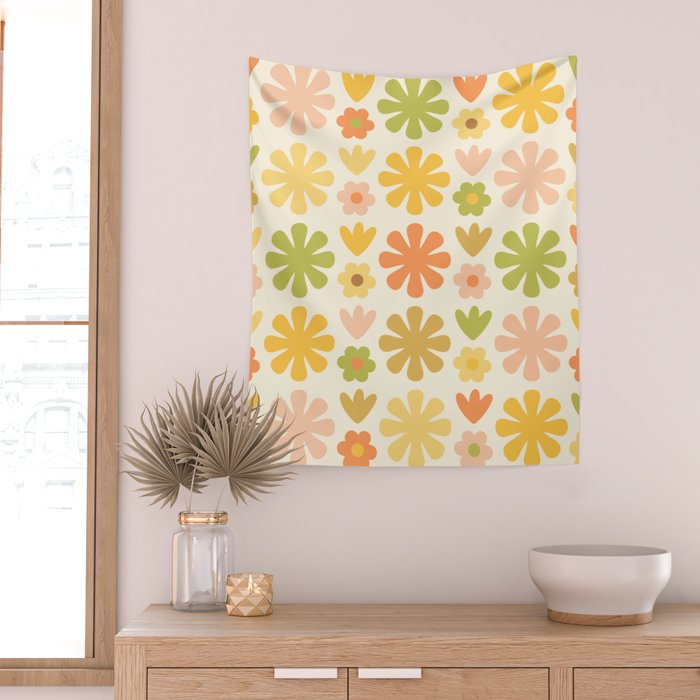 Scandi Floral Grid Retro Flower Pattern in Green Blush Yellow Cream Wall Tapestry Gallery Image 2