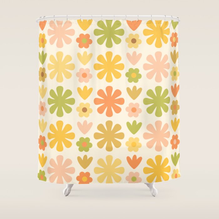 Scandi Floral Grid Retro Flower Pattern in Green Blush Yellow Cream Shower Curtain Gallery Image 1