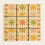 Scandi Floral Grid Retro Flower Pattern in Green Blush Yellow Cream Wood Wall Art Gallery Image 1