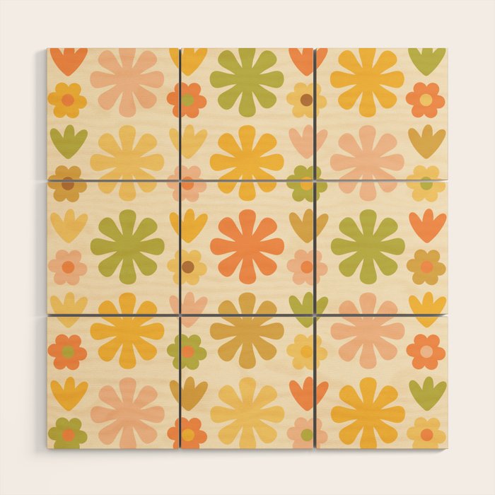 Scandi Floral Grid Retro Flower Pattern in Green Blush Yellow Cream Wood Wall Art Gallery Image 1