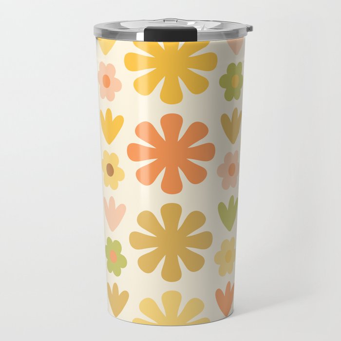 Scandi Floral Grid Retro Flower Pattern in Green Blush Yellow Cream Travel Mug Gallery Image 1