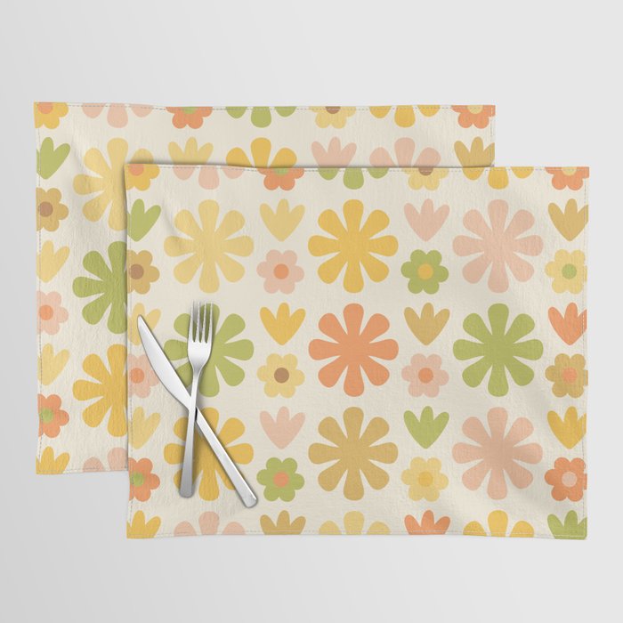 Scandi Floral Grid Retro Flower Pattern in Green Blush Yellow Cream Placemat Gallery Image 1