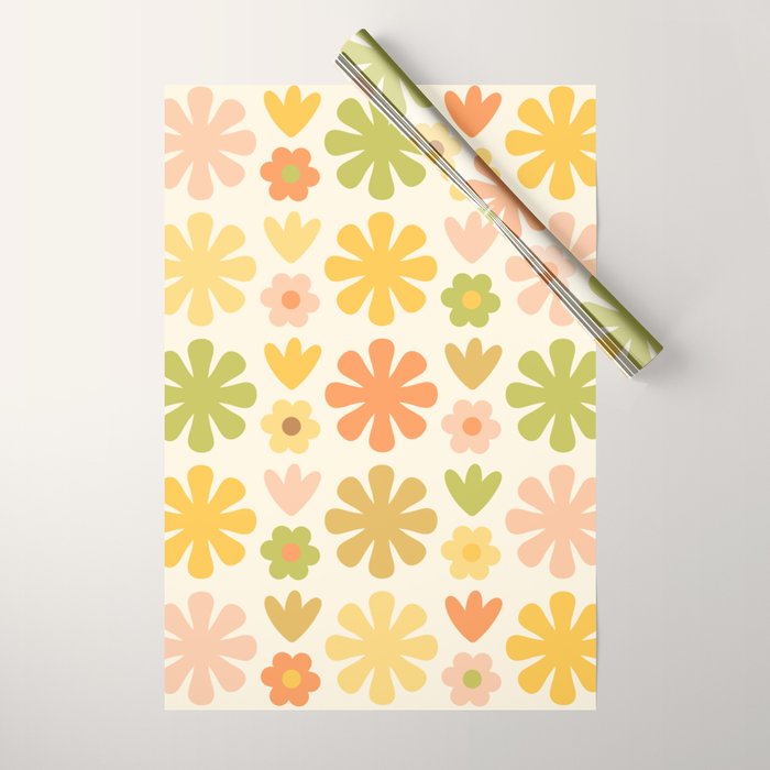 Scandi Floral Grid Retro Flower Pattern in Green Blush Yellow Cream Wrapping Paper Gallery Image 1