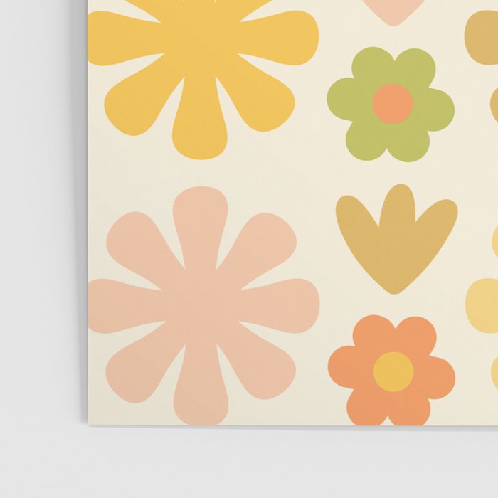 Scandi Floral Grid Retro Flower Pattern in Green Blush Yellow Cream Poster Gallery Image 3