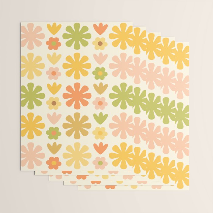 Scandi Floral Grid Retro Flower Pattern in Green Blush Yellow Cream Wrapping Paper Gallery Image 3