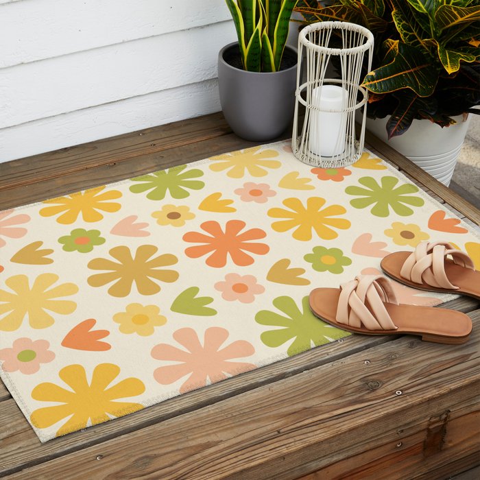 Scandi Floral Grid Retro Flower Pattern in Green Blush Yellow Cream Outdoor Rug Gallery Image 2