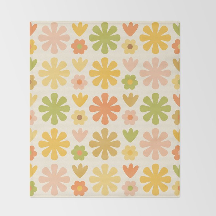 Scandi Floral Grid Retro Flower Pattern in Green Blush Yellow Cream Throw Blanket Gallery Image 2