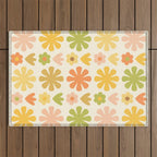 Scandi Floral Grid Retro Flower Pattern in Green Blush Yellow Cream Outdoor Rug Gallery Image 1