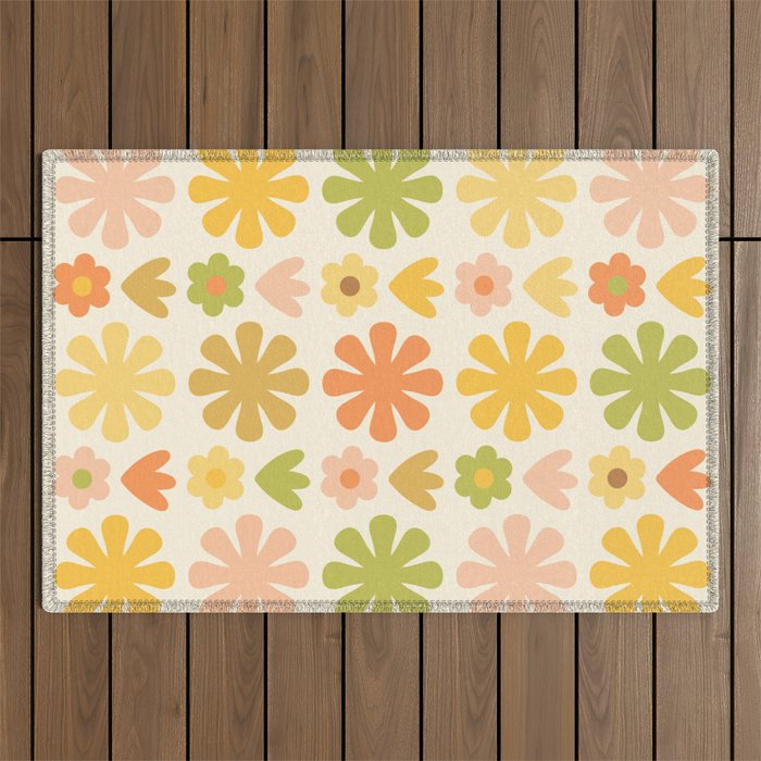 Scandi Floral Grid Retro Flower Pattern in Green Blush Yellow Cream Outdoor Rug Gallery Image 1