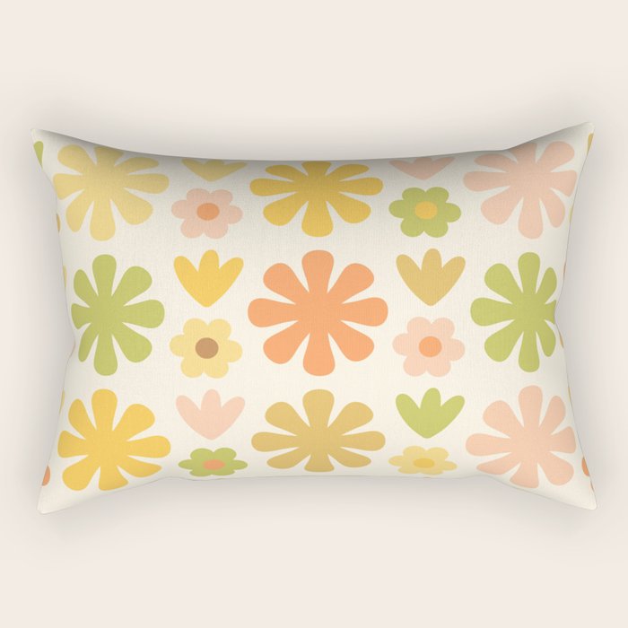 Scandi Floral Grid Retro Flower Pattern in Green Blush Yellow Cream Rectangular Pillow Gallery Image 1