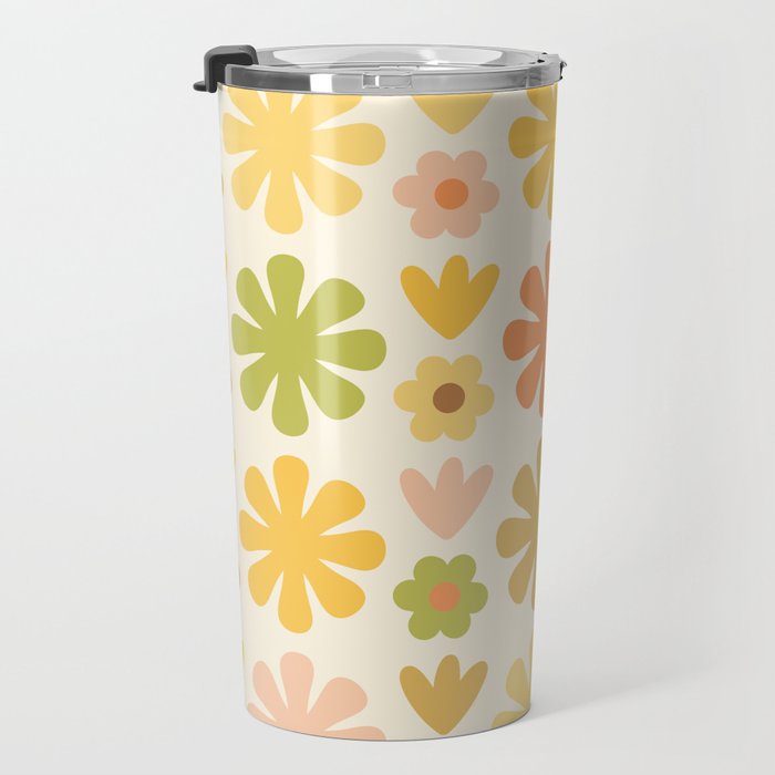 Scandi Floral Grid Retro Flower Pattern in Green Blush Yellow Cream Travel Mug Gallery Image 3