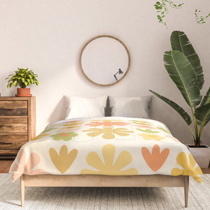 Scandi Floral Grid Retro Flower Pattern in Green Blush Yellow Cream Comforter Gallery Image 3