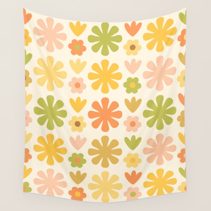 Scandi Floral Grid Retro Flower Pattern in Green Blush Yellow Cream Wall Tapestry Gallery Image 4