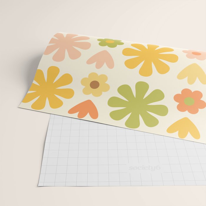 Scandi Floral Grid Retro Flower Pattern in Green Blush Yellow Cream Wrapping Paper Gallery Image 2