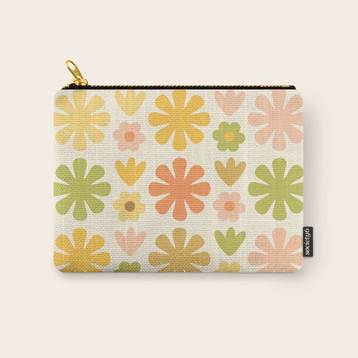 Scandi Floral Grid Retro Flower Pattern in Green Blush Yellow Cream Carry All Pouch Gallery Image 1