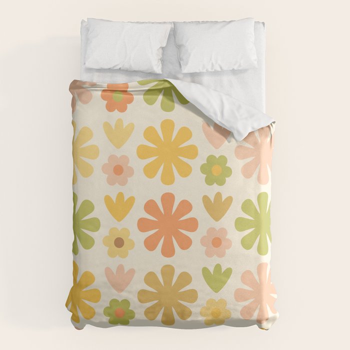 Scandi Floral Grid Retro Flower Pattern in Green Blush Yellow Cream Duvet Cover Gallery Image 1