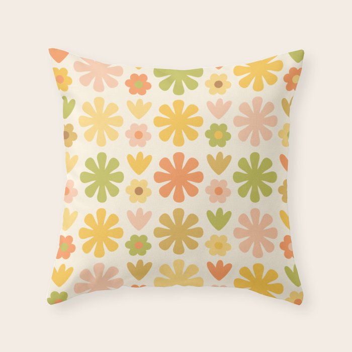 Scandi Floral Grid Retro Flower Pattern in Green Blush Yellow Cream Throw Pillow Gallery Image 6