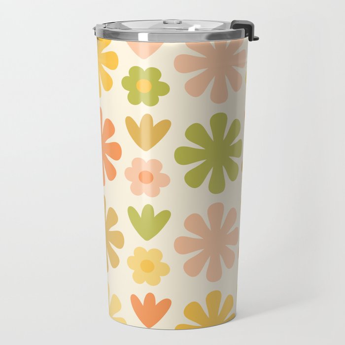 Scandi Floral Grid Retro Flower Pattern in Green Blush Yellow Cream Travel Mug Gallery Image 2
