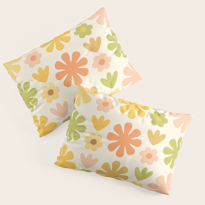 Scandi Floral Grid Retro Flower Pattern in Green Blush Yellow Cream Pillow Sham Gallery Image 3
