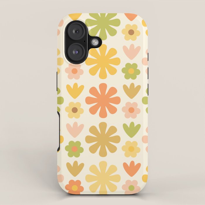 Scandi Floral Grid Retro Flower Pattern in Green Blush Yellow Cream iPhone Case Gallery Image 1