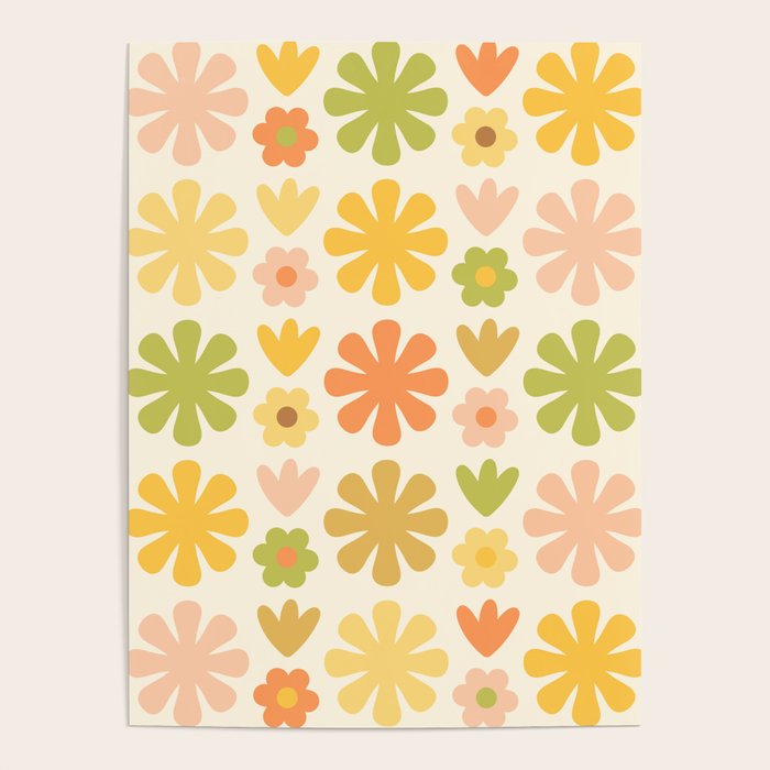 Scandi Floral Grid Retro Flower Pattern in Green Blush Yellow Cream Poster Gallery Image 4