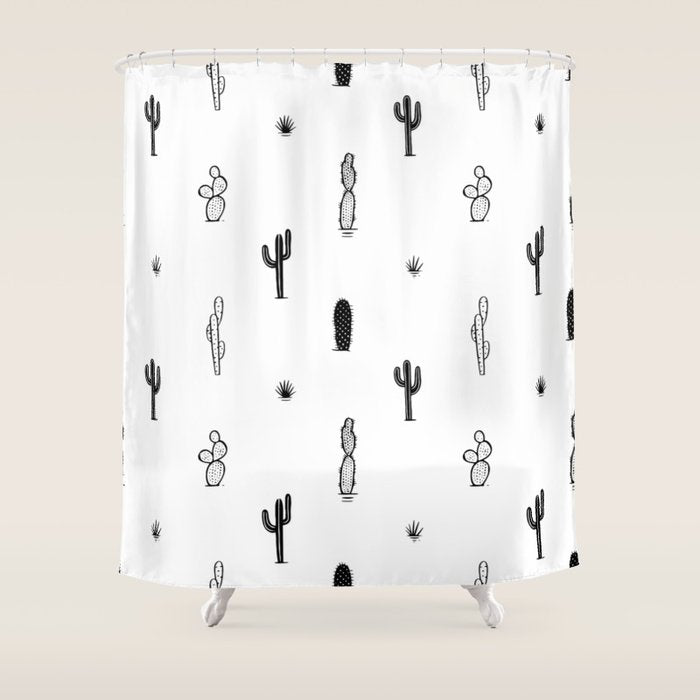 Black and white cactus plant pattern art Shower Curtain Gallery Image 1