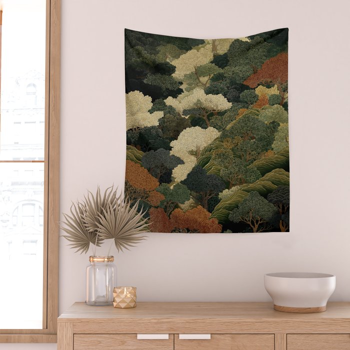 Japanese green Forest Painting Autumn Art Japandi Wall Art maximalist Art Nouveau Botanical Print Wall Tapestry Gallery Image 2