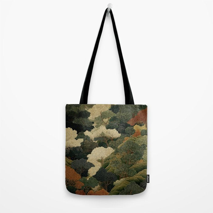 Japanese green Forest Painting Autumn Art Japandi Wall Art maximalist Art Nouveau Botanical Print Tote Bag Gallery Image 2
