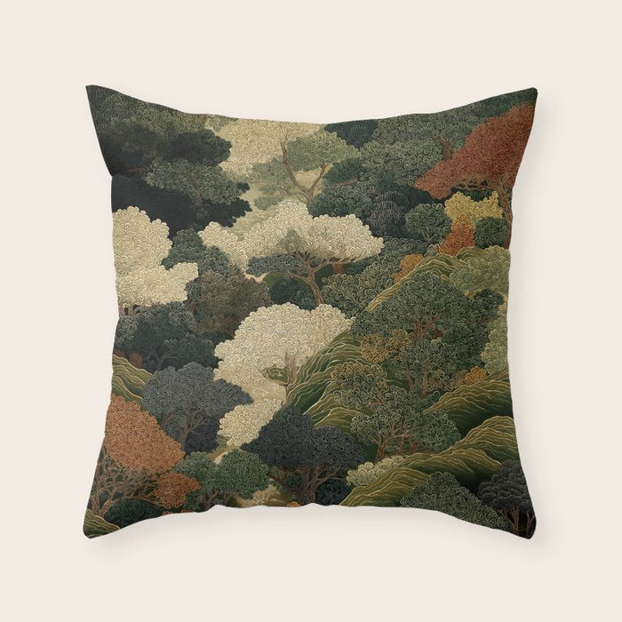 Japanese green Forest Painting Autumn Art Japandi Wall Art maximalist Art Nouveau Botanical Print Throw Pillow Gallery Image 6