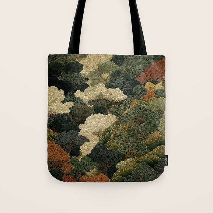 Japanese green Forest Painting Autumn Art Japandi Wall Art maximalist Art Nouveau Botanical Print Tote Bag Gallery Image 1