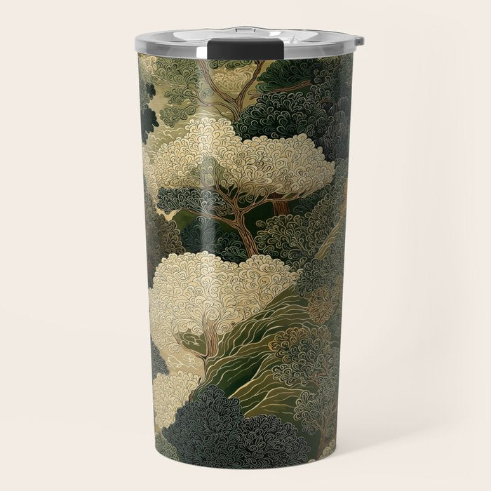 Japanese green Forest Painting Autumn Art Japandi Wall Art maximalist Art Nouveau Botanical Print Travel Mug Gallery Image 1