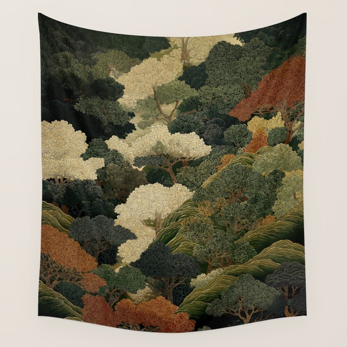 Japanese green Forest Painting Autumn Art Japandi Wall Art maximalist Art Nouveau Botanical Print Wall Tapestry Gallery Image 1