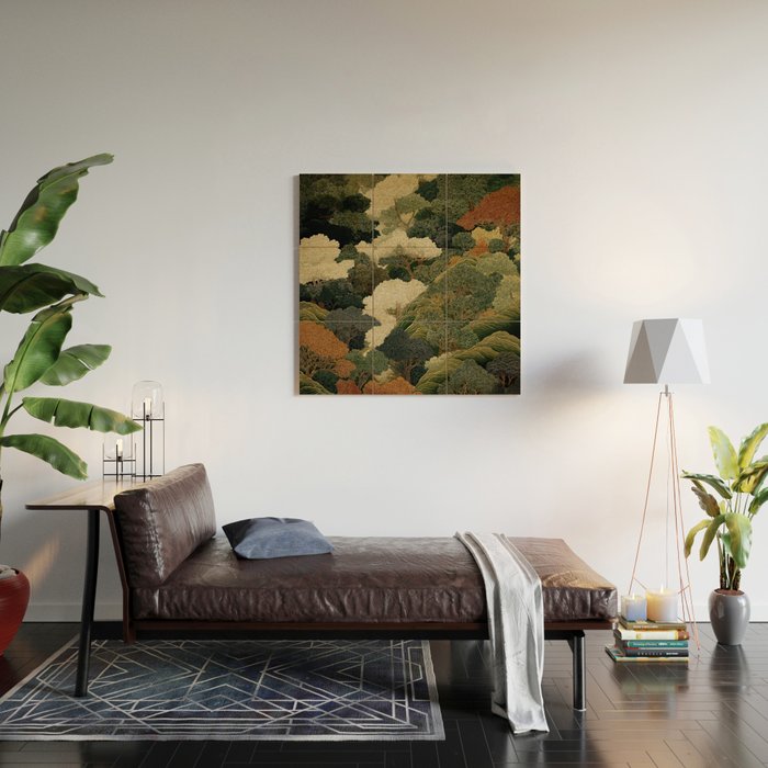 Japanese green Forest Painting Autumn Art Japandi Wall Art maximalist Art Nouveau Botanical Print Wood Wall Art Gallery Image 2