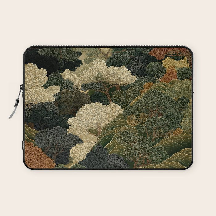 Japanese green Forest Painting Autumn Art Japandi Wall Art maximalist Art Nouveau Botanical Print Laptop Sleeve Gallery Image 1