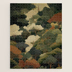 Japanese green Forest Painting Autumn Art Japandi Wall Art maximalist Art Nouveau Botanical Print Jigsaw Puzzle Gallery Image 1