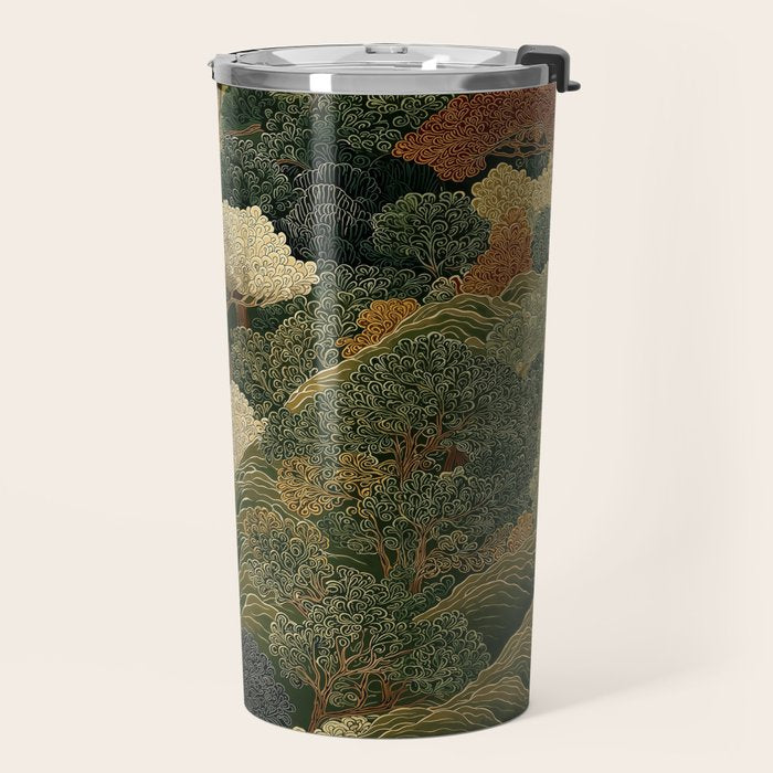 Japanese green Forest Painting Autumn Art Japandi Wall Art maximalist Art Nouveau Botanical Print Travel Mug Gallery Image 2