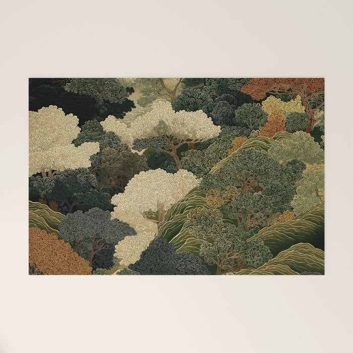Japanese green Forest Painting Autumn Art Japandi Wall Art maximalist Art Nouveau Botanical Print Welcome Mat Gallery Image 1