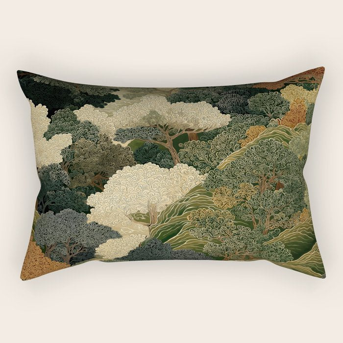 Japanese green Forest Painting Autumn Art Japandi Wall Art maximalist Art Nouveau Botanical Print Rectangular Pillow Gallery Image 2