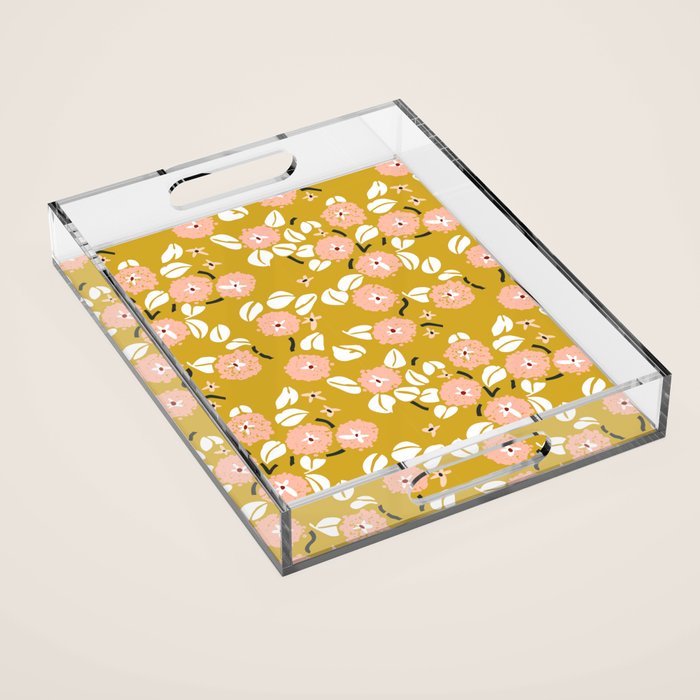 japanese Flowers light mustard Acrylic Tray Gallery Image 1