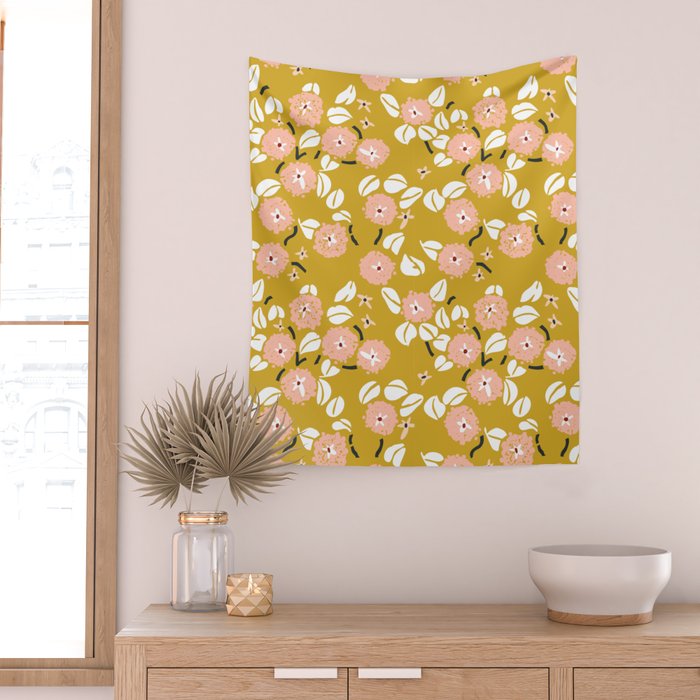 japanese Flowers light mustard Wall Tapestry Gallery Image 2