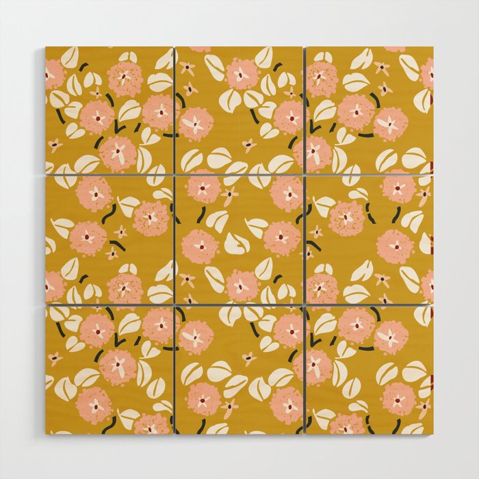 japanese Flowers light mustard Wood Wall Art Gallery Image 1