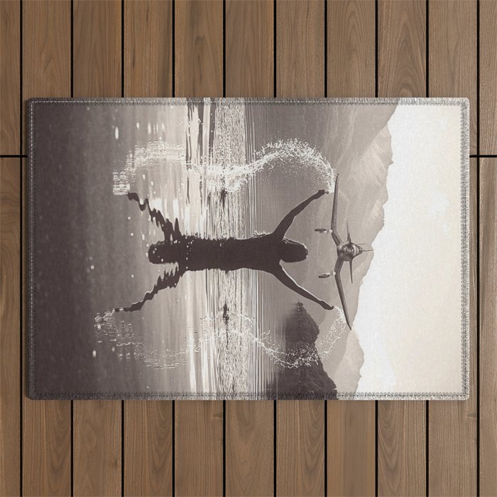 Water wings plane landing on mountain lake female portrait black and white photograph - photography - photographs Outdoor Rug Gallery Image 1