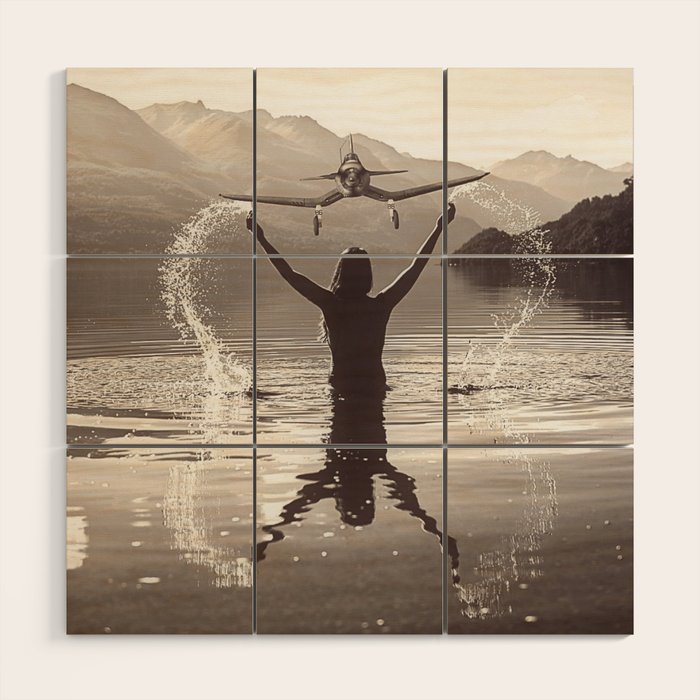 Water wings plane landing on mountain lake female portrait black and white photograph - photography - photographs Wood Wall Art Gallery Image 1