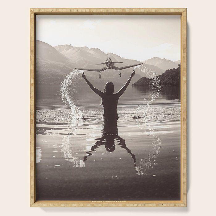 Water wings plane landing on mountain lake female portrait black and white photograph - photography - photographs Serving Tray Gallery Image 1
